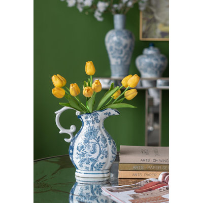 Decorative Porcelain Pitcher with Floral Patterns - 9" x 5" x 10" - Blue /White