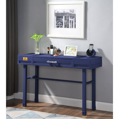 Meuble-lavabo à un tiroir en métal bleu avec pieds droits, panneaux encastrés, glissière latérale et poignée simple à fermeture manuelle (40 x 40 mm)