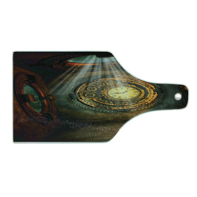 Ambesonne Fantasy Tempered Glass Cutting Board Clock Dream Sky Fiction Brown and Teal