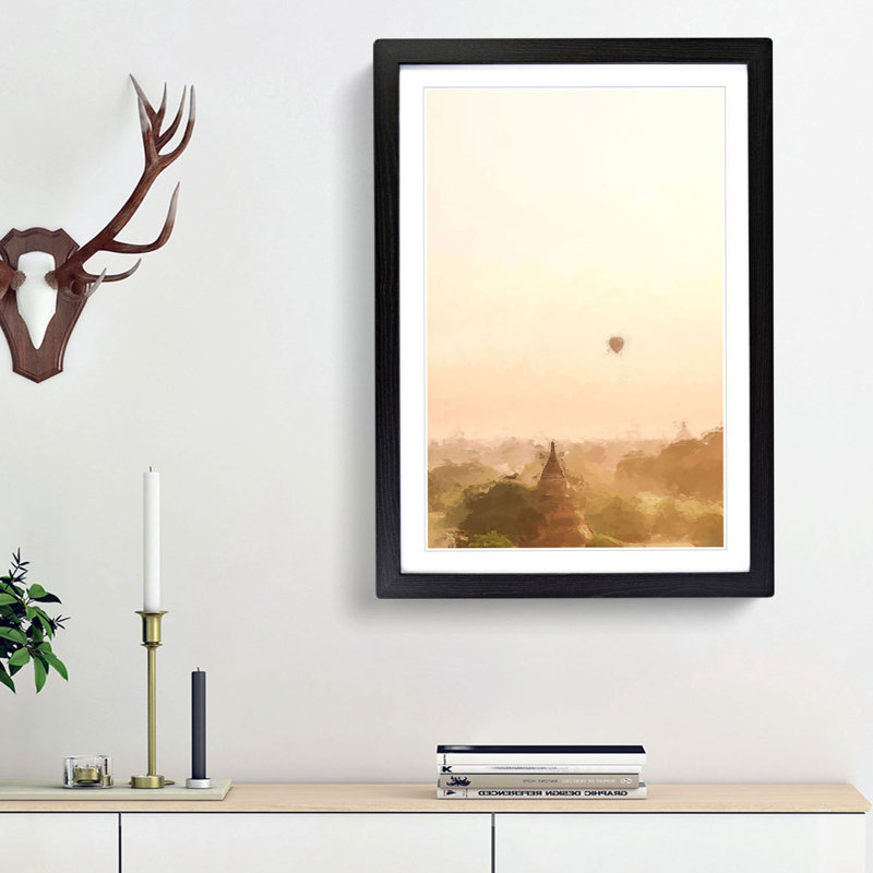 Hot Air Balloon over Bagan in Abstract - Picture Frame Graphic Art Print, 65cm H x 48cm W x 2cm D, Black Framed