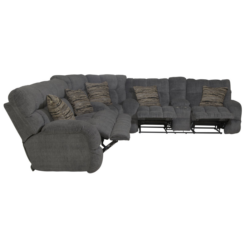 Annaliisa 3 - Piece Upholstered Sectional with 4 Lay-Flat Reclining Seats and 5 Accent Toss Pillows, Grey 100% Polyester