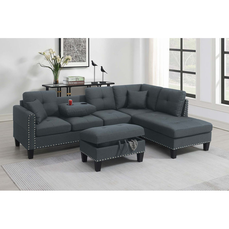 Living Room Furniture 3-PCS Sectional Sofa, Charcoal Fabric