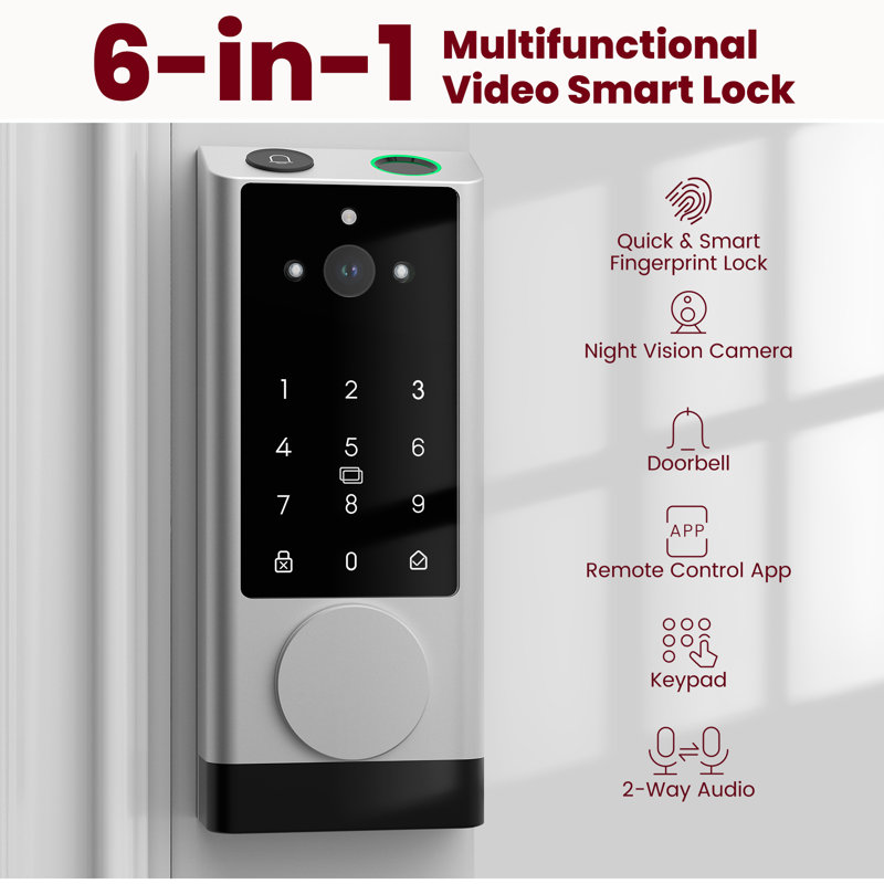 6-in-1 Video Smart Lock with Camera & Doorbell - Fingerprint, Auto Lock, Wi-Fi, IP65 for Front Door, Silver