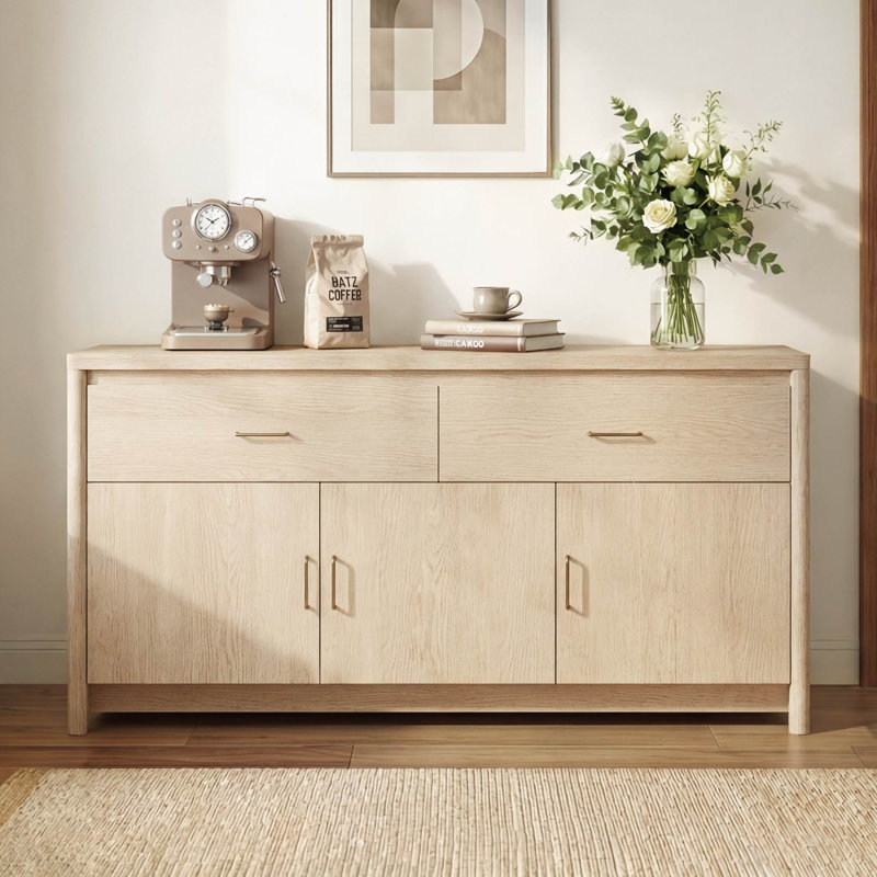 Modern 59" Buffet Table With Metal Handles, Oak