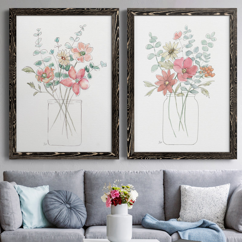 «Whimsical Wildflowers I», ensemble de 2 peintures sur toile encadrées, H 44 po x l 31 po x P 1 po, Cadre noir
