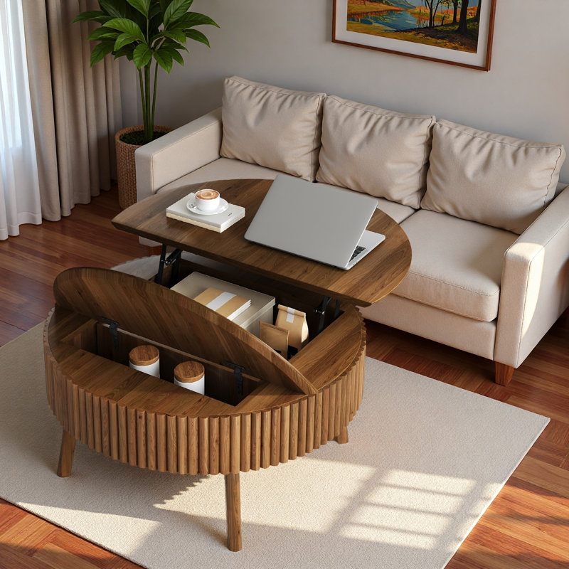 Table basse 30,3 po moderne à plateau relevable rond avec demi-plateau rabattable