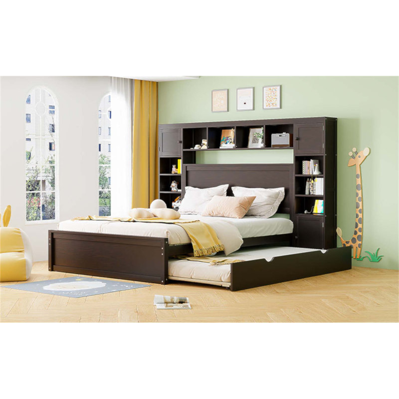 Lit en bois avec armoire tout-en-un, tablette, prises et lit gigogne XL pour un rangement spacieux et une commodité moderne
