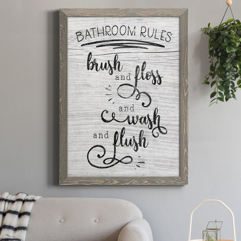"Bathroom Rules" - Art textuel sur toile, H 31,5 po x l 23,5 po x P 1,5 po, Gris