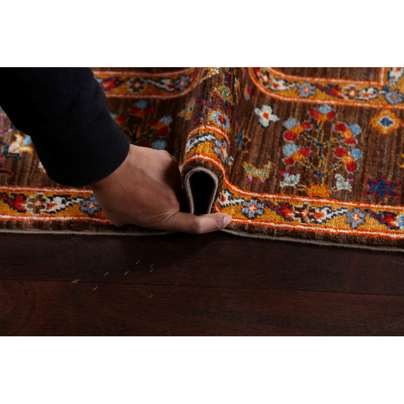 Tapis brun en laine noué à la main de conception unique 4 pi 9 po x 6 pi 2 po New Age