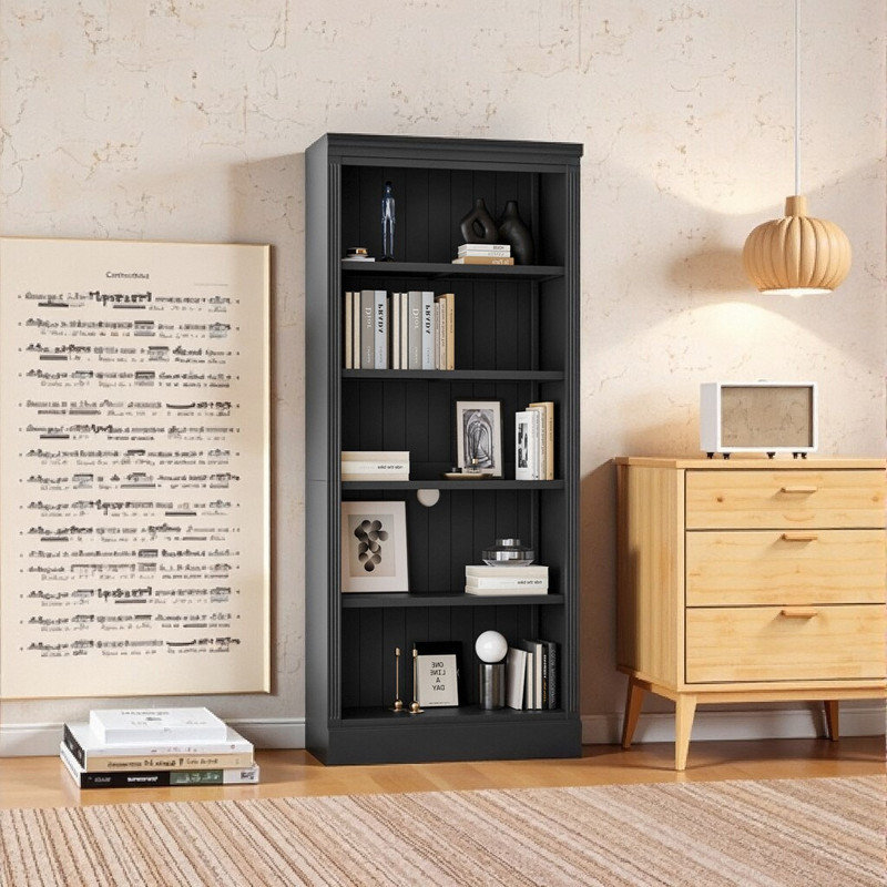 PVolumen 5-Tier LED Bookshelf with Adjustable Shelves, 55LB Capacity, Built-in Lighting, Black
