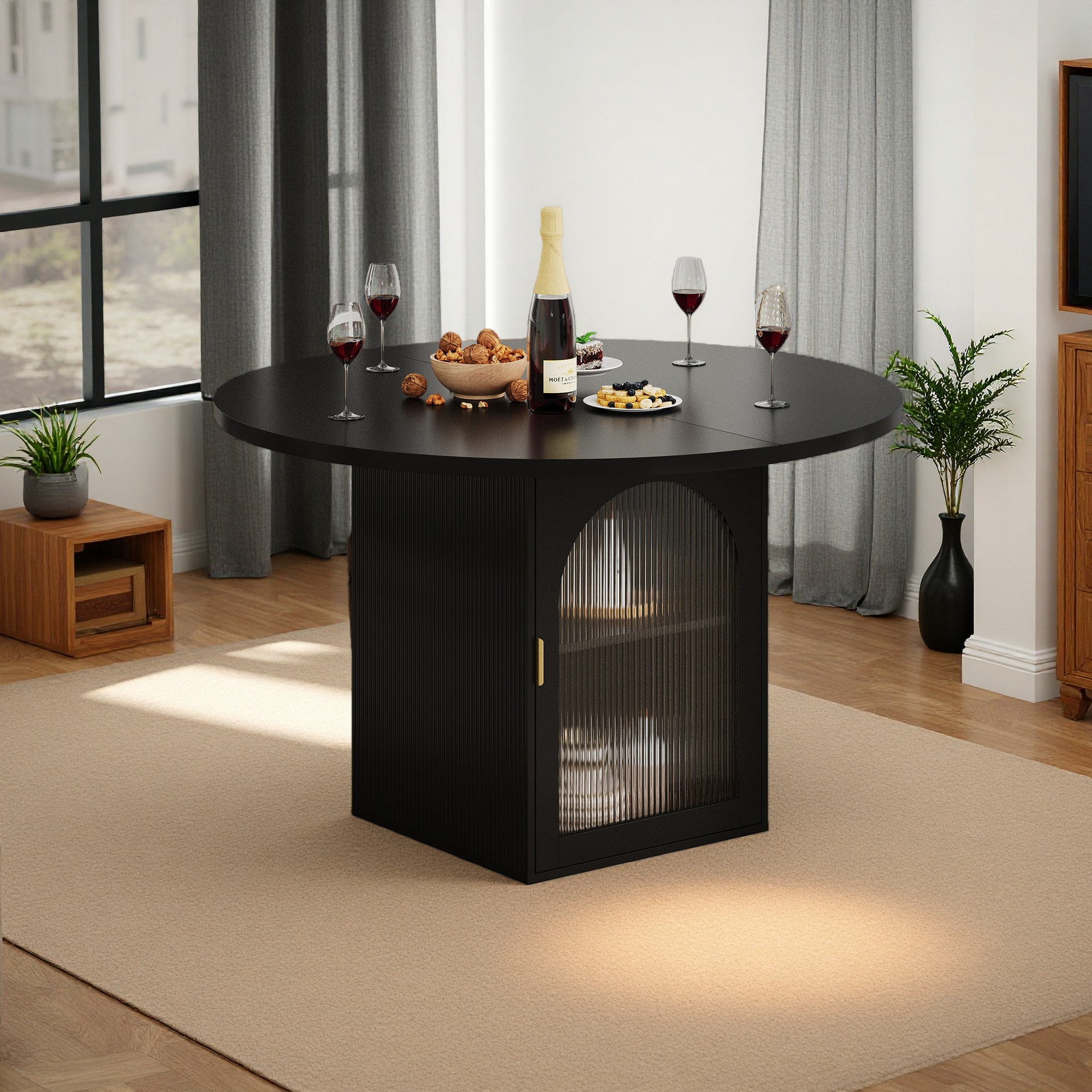 Ebern Designs 47 Inch Round Dining Table With Storage Cabinet, Modern ...