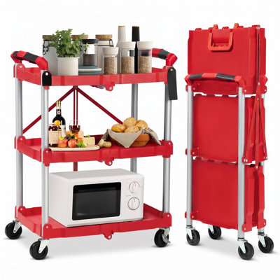 Heavy Duty Collapsible 3-Tier Utility Cart - Rolling Service Cart with High Capacity & Portable Folding Design - Ideal for Office, Kitchen, Garage, Warehouse - Easy to Store and Move - Red