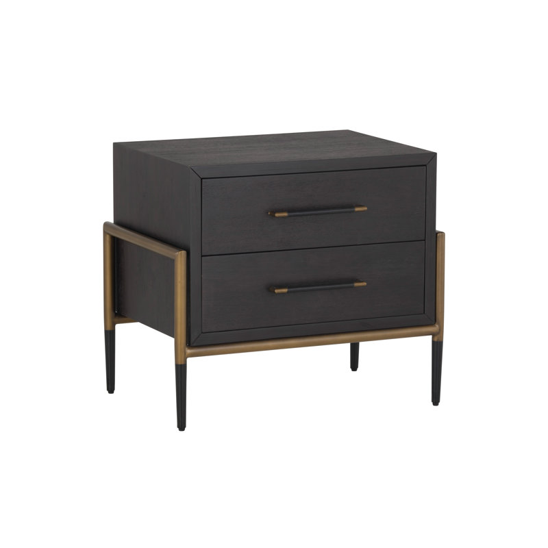 Brown Transitional 2-Drawer Nightstand with Metal Accents