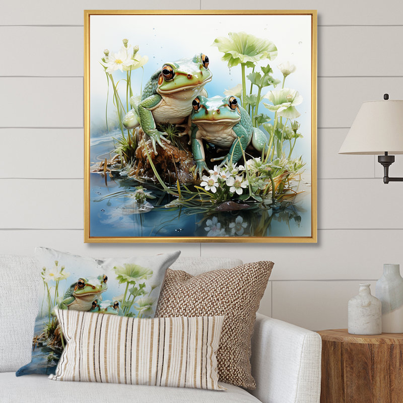 «Cute Frog Portrait At The Pond II», reproduction sur toile, Cadre flottant doré, H 16 po x l 16 po x P 1 po