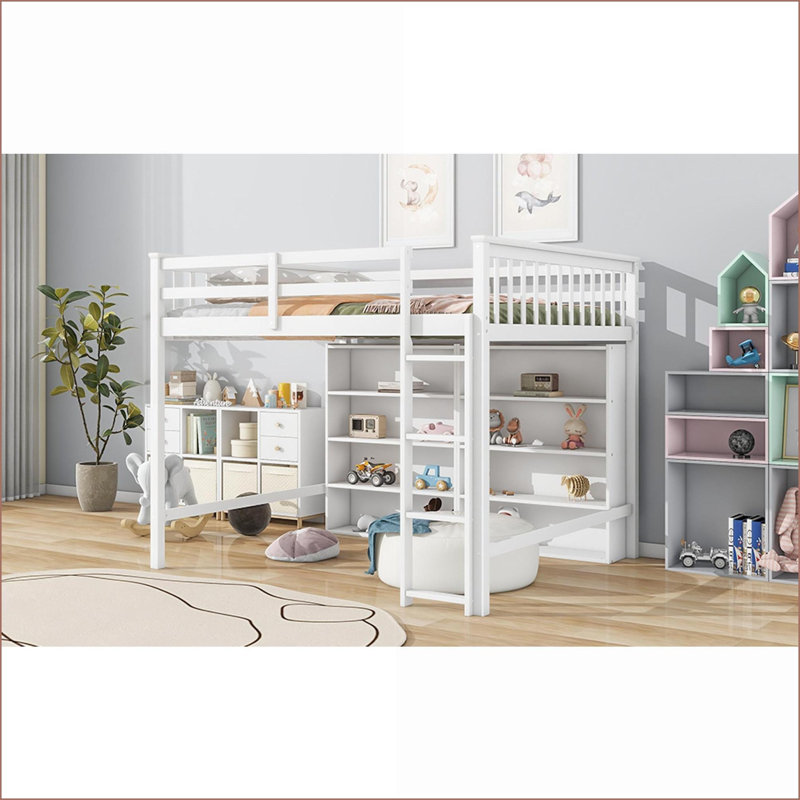 Lit mezzanine double en bois de pin avec 8 tablettes de rangement Échelle - blanc antique, aucun sommier nécessaire, Blanc