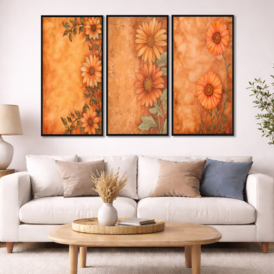 Velvet Symphony of Daisy – Sunflowers Framed Wall Art Set of 3