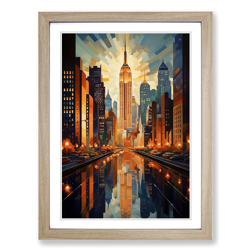 New York Deco - Single Picture Frame Print on Wood, Oak , 34cm H x 25cm W x 2cm D