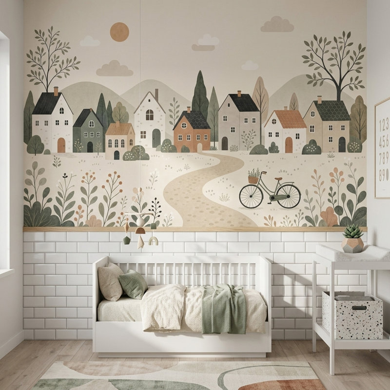 Fresque murale représentant un village de campagne et des collines ondulantes, paysage minimaliste scandinave, 200"x120"
