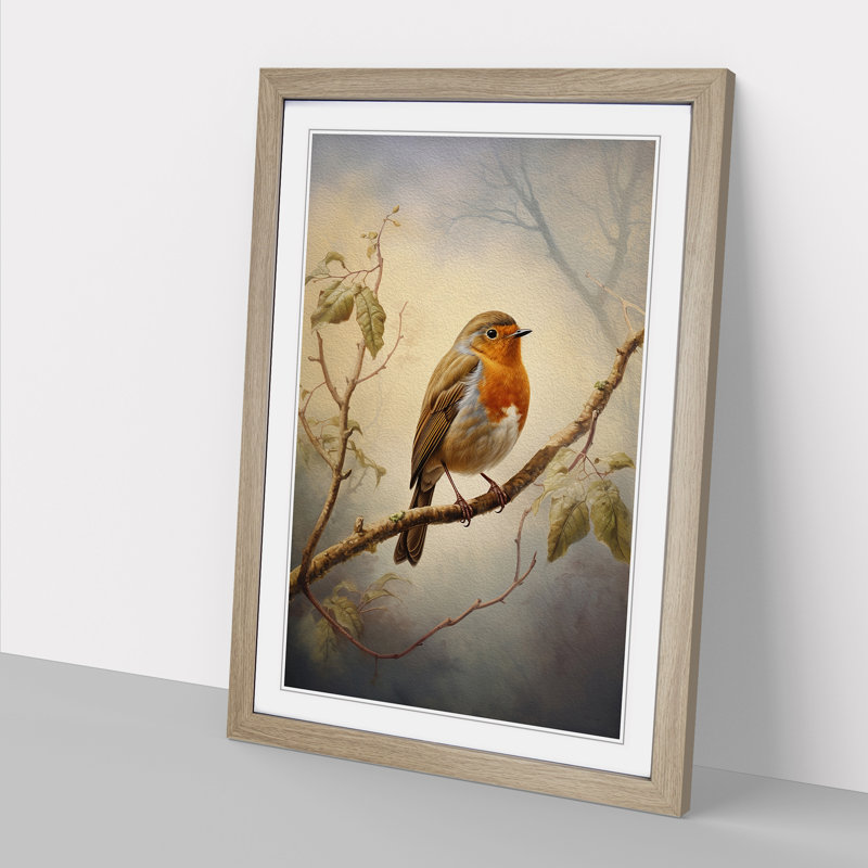 Robin Bird Tachisme - Single Picture Frame Print on Wood, Oak Framed, 34cm H x 25cm W x 2cm D