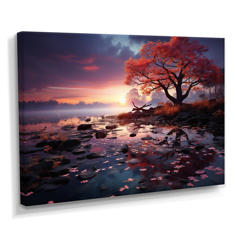 Arbre rouge, soirée enchantée au-dessus du lac - impression d'art mural lac, Toile tendue, H 30 po x l 40 po x P 1,5 po
