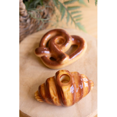  Set of Four Ceramic Taper Candle Holders Croissant and Pretzel Design Decorative Tabletop Decor Accent Brown Glazed Finish