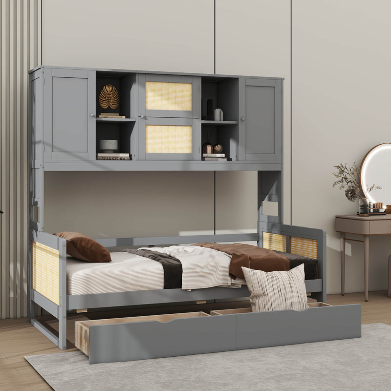 Lit de jour en bois robuste avec 2 tiroirs, une armoire et une étagère, Gris, Lit simple