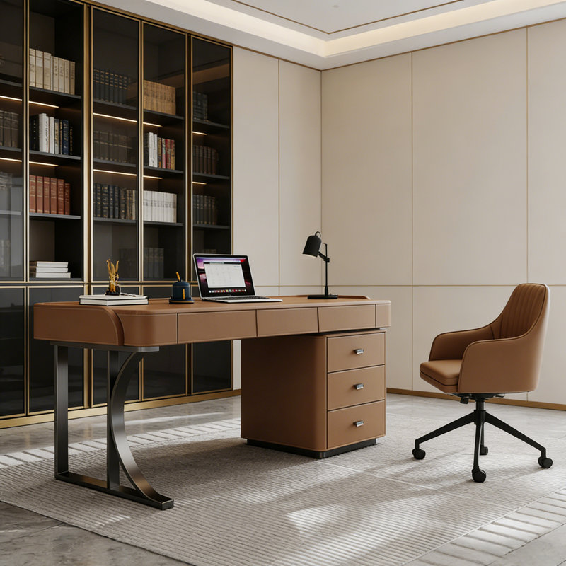 Bureau d'écriture italien rétro avec accents en cuir, table d'écriture pour bureau à domicile