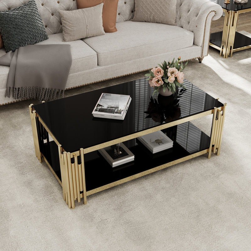 Table basse moderne avec verre trempé spacieux et base en acier inoxydable doré, centre de salon fonctionnel en acier, élégant