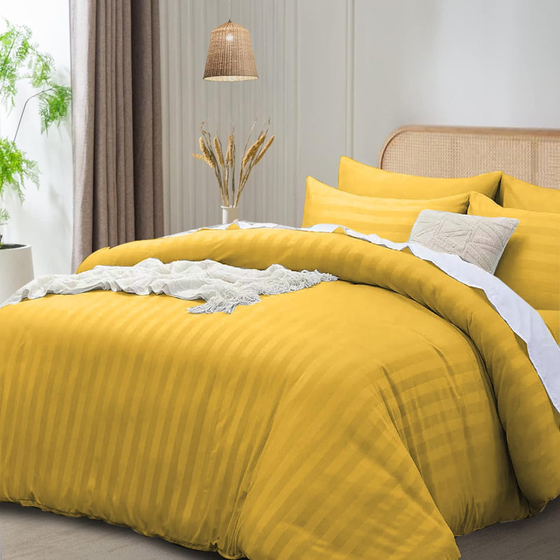 Polyester Striped Duvet Cover Set with Pillowcases Included, Ochre, Double Duvet Cover Set + 2 Pillowcases