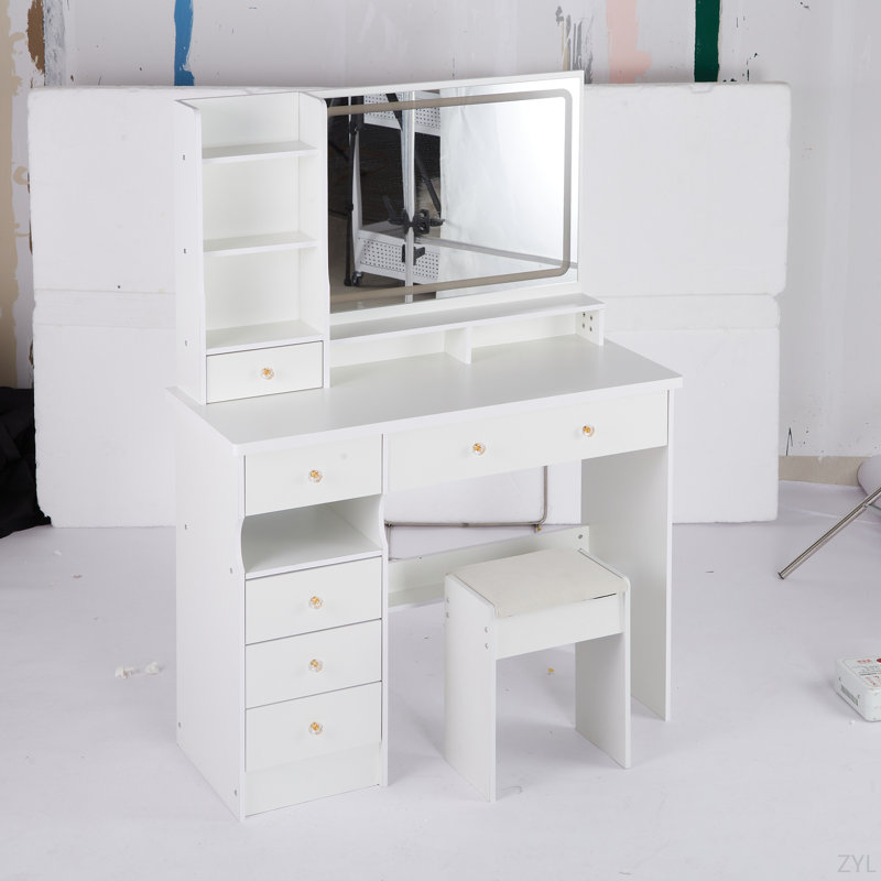 Table de meuble-lavabo de 41 po avec tiroir à gauche 41 po + tabouret rembourré, très grand miroir à DEL à commande tactile, interrupteur 3 couleurs, commode de rangement haute capacité multi-couches, convient aux grands espaces
