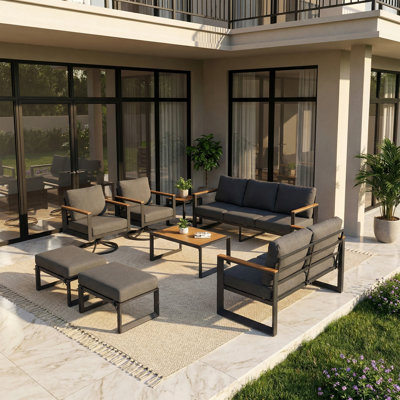 Aluminum Outdoor Patio Furniture Set 8 Pieces, 2 Swivel Rocking Chairs, 3-Seater, 2-Seater Bench, 2 Ottomans, Coffee Table & Side Table, Patio Sectional Conversation Furniture Set With Thick Cushions