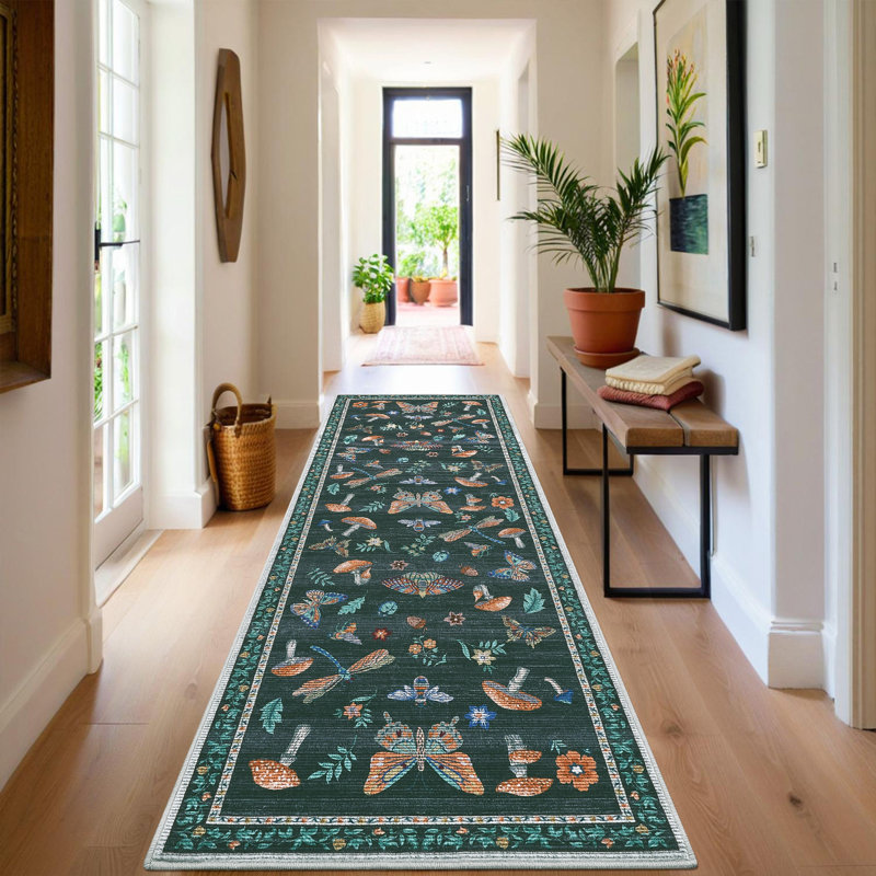 Floral Machine Washable Rug with Non-Slip Backing, Soft Thin Low Pile Non Shedding Floor Carpet, Indoor Foldable Printed Accent Mat for Living Room/Nursery/Bedroom