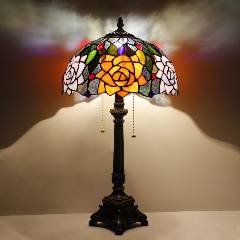 Lampe de table Tiffany lampe de table en verre teinté de style fleur de rose orange rouge 12 x 12 x 21 pouces avec base en résine décor chambre salon