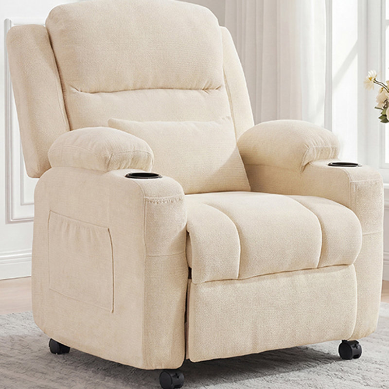Fauteuil inclinable électrique moderne en tissu de chenille rembourré avec massage, siège pivotant à 360 degrés avec porte-gobelet