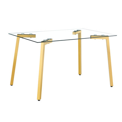 Table de salle à manger rectangulaire moderne en verre de 130 x 80 x 75 cm, avec pieds trempés et dorés transparents, convenant parfaitement aux petits espaces. Table de salle à manger de 130 x 80 x 75 cm