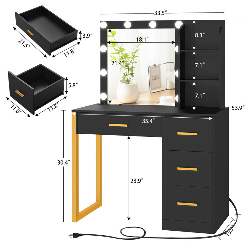 Coiffeuse avec lumières DEL et miroir Teya pour cadeau de Noël, Noir