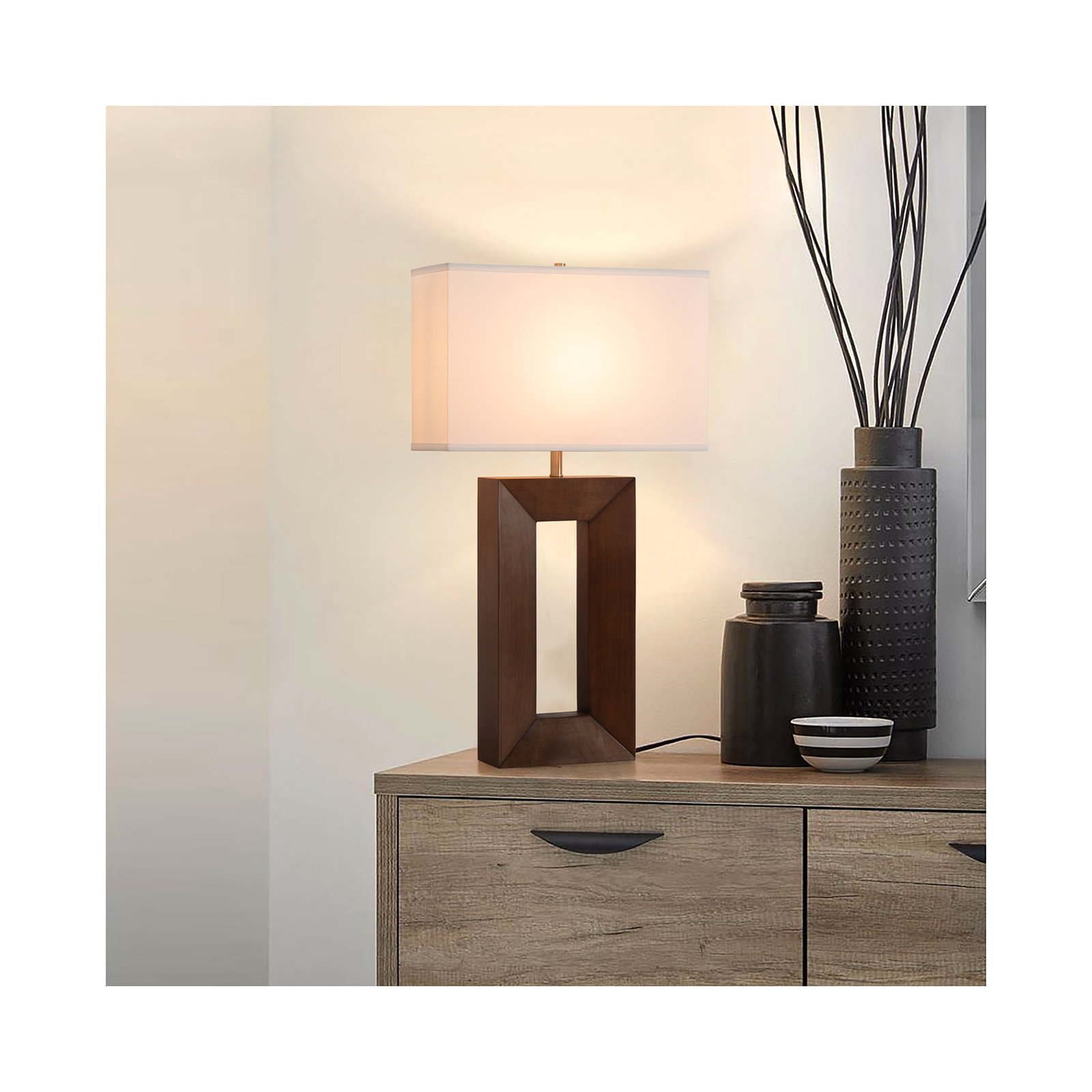 Julie Standing Table Lamp - Dark Walnut Wood Finish, Weathered Brass, White Linen Shade, Dark Walnut