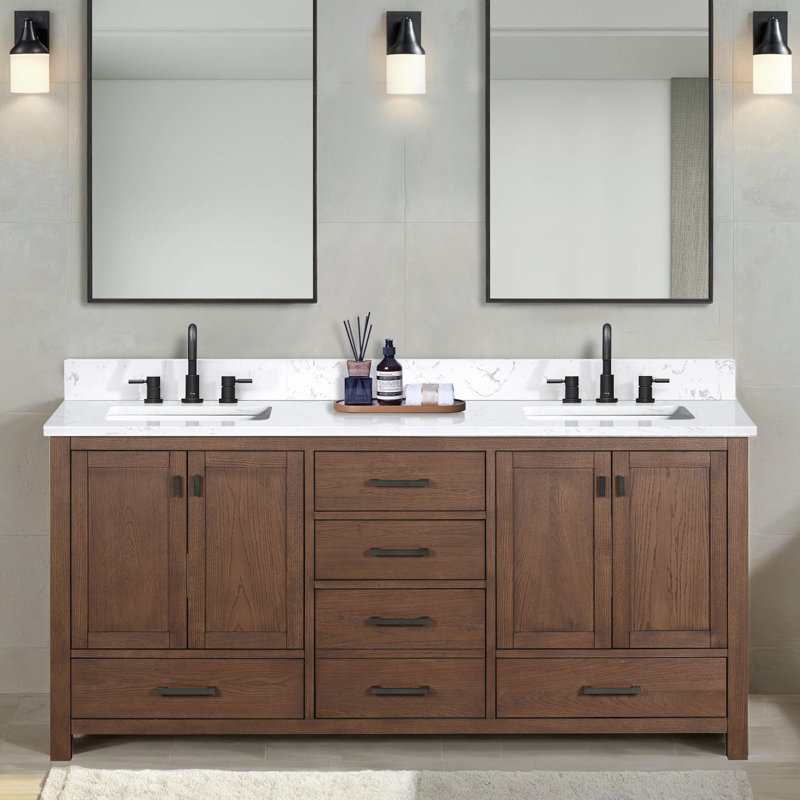 Meuble-lavabo double 72 po avec plateau Souther, Noir, Chêne moka