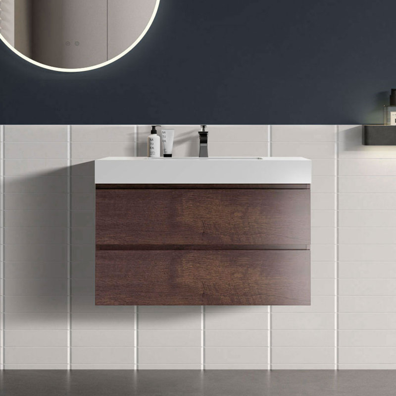 36 Inch Wall-Mounted Single Bathroom Vanity with Solid Surface Top with Overflow, Pre-Assembled, Walnut, 36", White