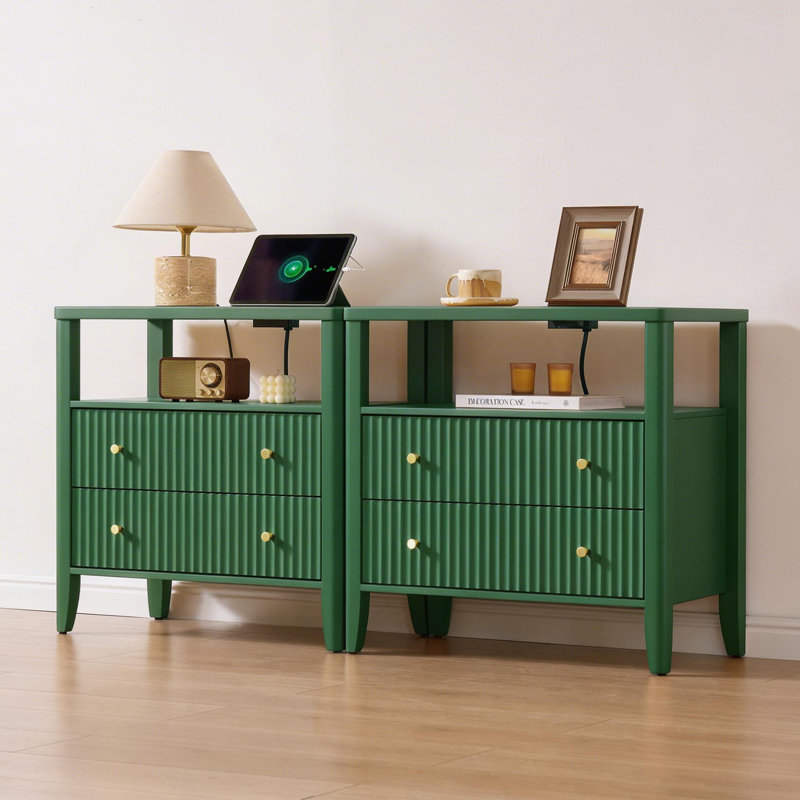 Overstreet Fluted Nightstand Set of 2 with Charging Station, 2-Drawer Bedside Tables with Open Shelf and Solid Wood Legs