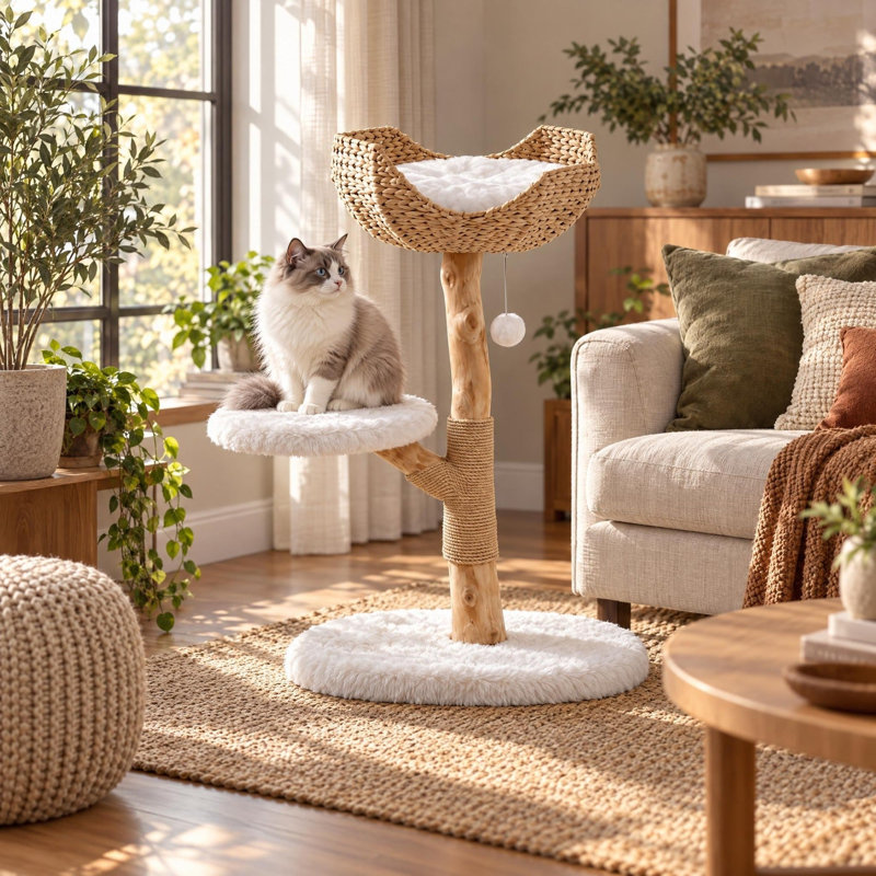 Arbre à chat bohème en bois massif avec panier en osier pour chats d'intérieur