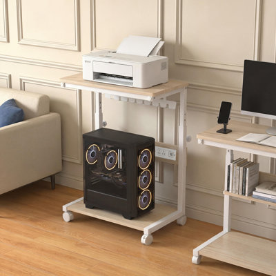 Support pour unité centrale de traitement mobile réglable à 2 niveaux avec prise de courant et ports USB, chariot pour ordinateur roulant avec roues verrouillables, support pour PC en bois et acier, chêne