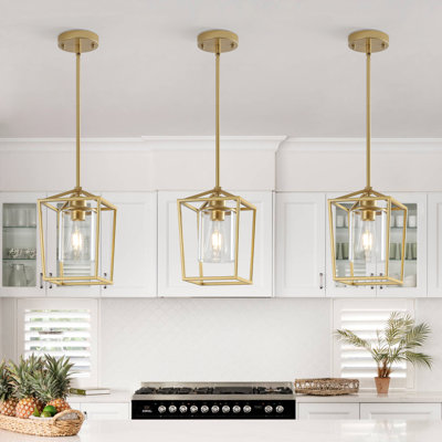 1-Light Gold Lantern Pendant With Glass Shade 