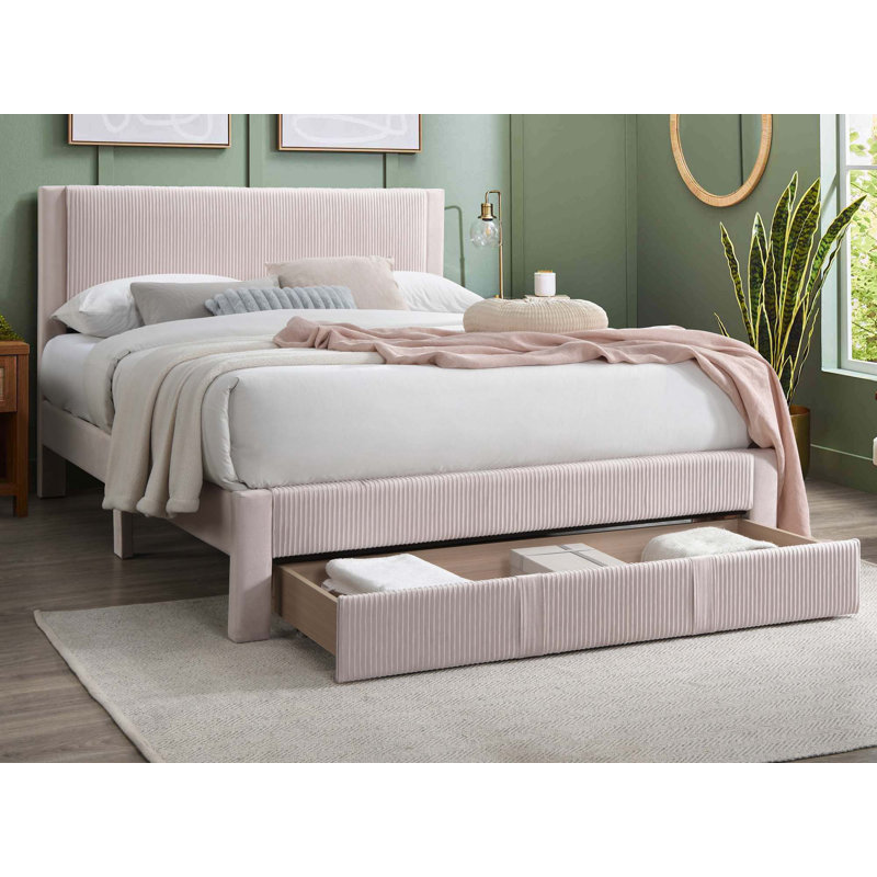 Grand lit plateforme avec rangement en velours côtelé, Rose clair