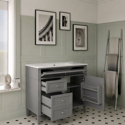 Meuble-lavabo moderne de 91 cm (36 po) avec lavabo sur comptoir, grand espace de rangement, lavabo en céramique durable et élégant design à pieds romains.