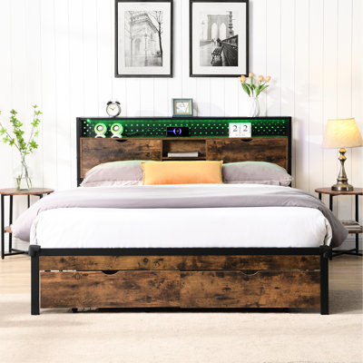 Queen Metal Platform Bed With Wooden Headboard, Charging Station & 2 Drawers, Led Lights, Easy Assembly Procedure, 600 Lbs Weight Limitation Size Charging, Drawer Storage, Illumination, No Box Spring