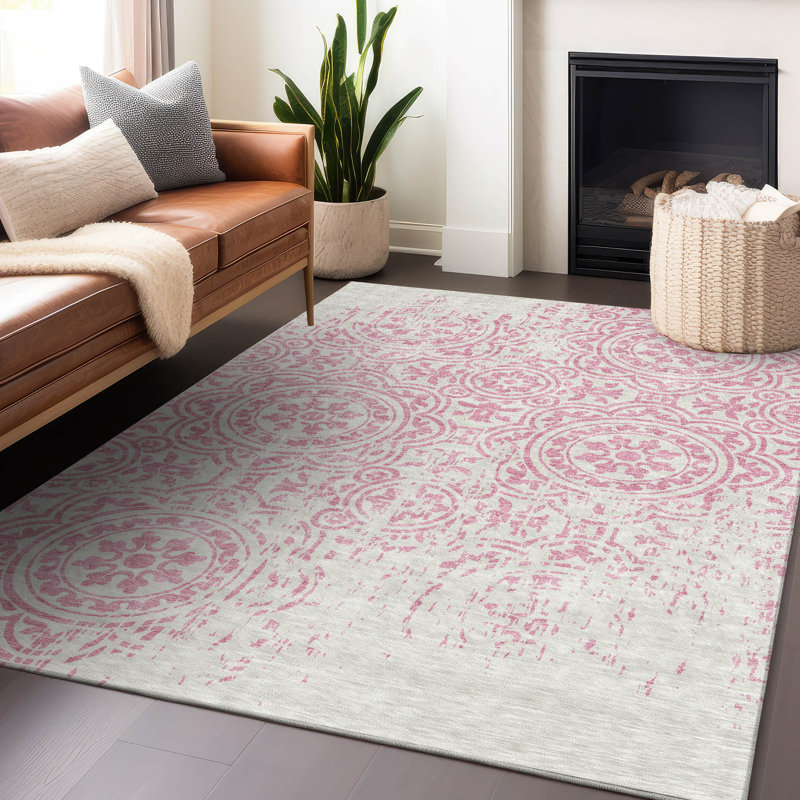 Tapis rose Prisco lavable à la machine de qualité supérieure, Rectangulaire 8 pi x 10 pi