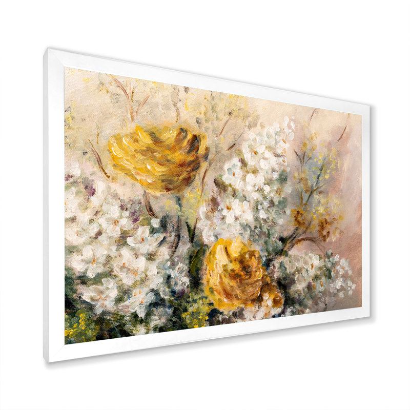 Nature morte aux fleurs jaunes et blanches II - reproduction sur toile, H 8 po x l 12 po x P 1 po, Cadre photo blanc