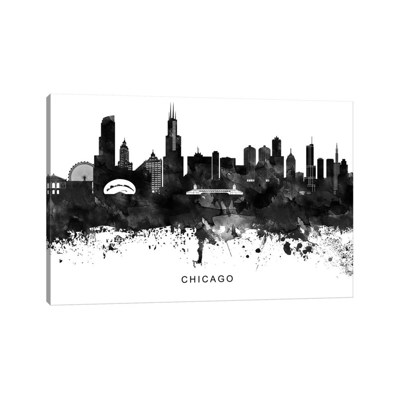 Chicago Skyline Black & White by WallDecorAddict - Wrapped Canvas Print, 20.32 cm H x 30.48 cm W
