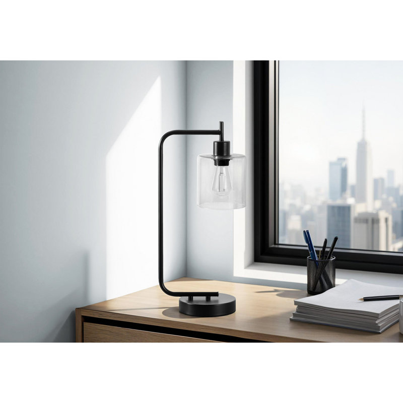 Lampe de table, éclairage, port USB inclus, métal noir, abat-jour en verre, moderne